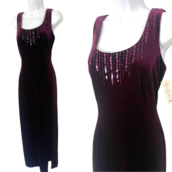 90s Y2K Velvet Purple Sequin Beaded Maxi prom Dress | MEDIUM - Picture 1 of 7